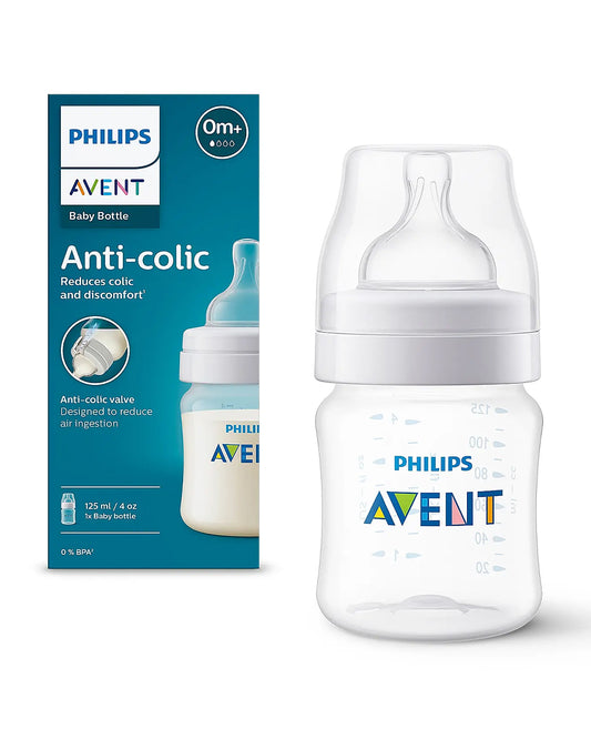 Philips Avent Anti Colic Bottle 125ml-Feeding Bottle with Flow 1 Nipple-BPA Free-White-0M+