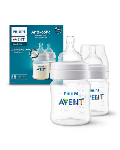 Philips Avent Anti Colic Bottle 125ml-Pack of 2-Feeding Bottle with Flow 1 Nipple-BPA Free-White-0M+