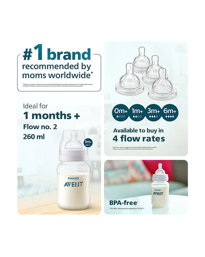 Philips Avent Anti Colic Bottle 260ml-Feeding Bottle with Flow 2 Nipple-BPA Free-White-1M+