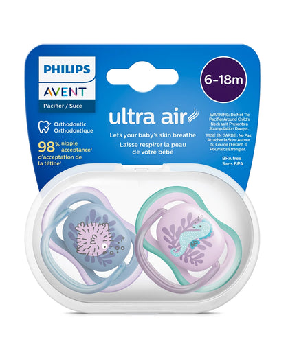 Philips Avent Ultra Air Soother-With Sterilizer Case-Orthodontic & BPA Free-Pack of 2-Blue & Purple-6-18M-Pacifier