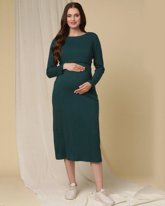 Wobbly Walk Green Maternity Nursing Dress-Round Neck-Solid Color-Cotton-Bump Friendly