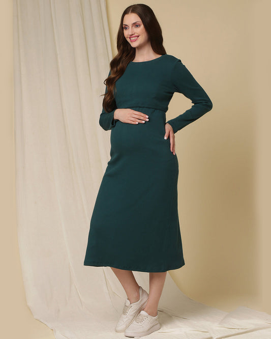 Wobbly Walk Green Maternity Nursing Dress-Round Neck-Solid Color-Cotton-Bump Friendly