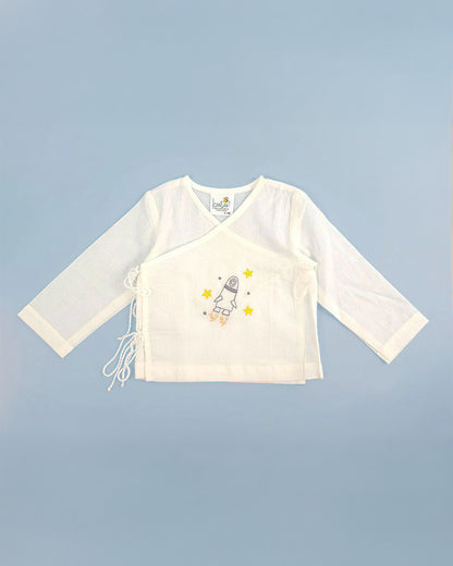 Keebee White Kimono Jhabla-Rocket Embroidered-Organic Cotton-For Infants