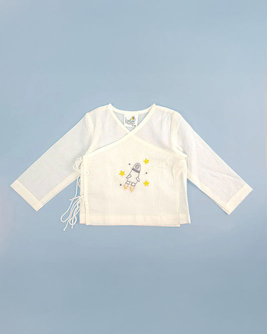 Keebee White Kimono Jhabla-Rocket Embroidered-Organic Cotton-For Infants