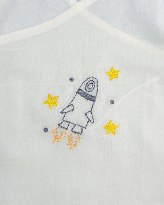 Keebee White Kimono Jhabla-Rocket Embroidered-Organic Cotton-For Infants