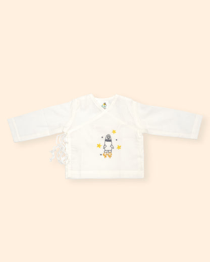 Keebee White Kimono Jhabla-Rocket Embroidered-Organic Cotton-For Infants
