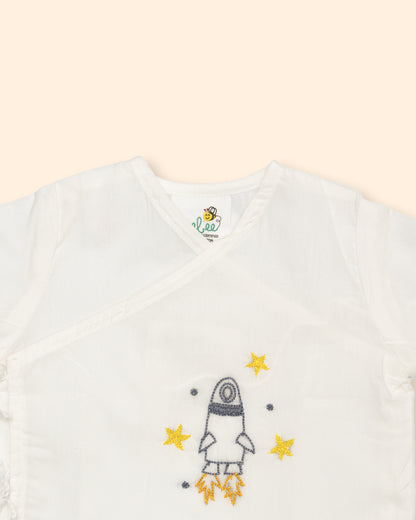 Keebee White Kimono Jhabla-Rocket Embroidered-Organic Cotton-For Infants