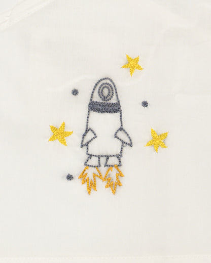 Keebee White Kimono Jhabla-Rocket Embroidered-Organic Cotton-For Infants