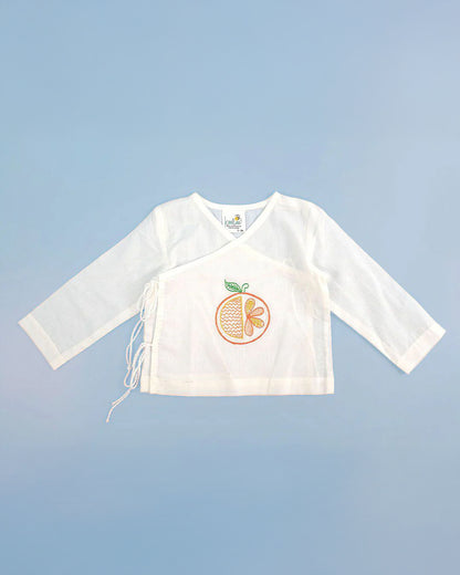 Keebee White Kimono Jhabla-Orange Embroidered-Organic Cotton-For Infants