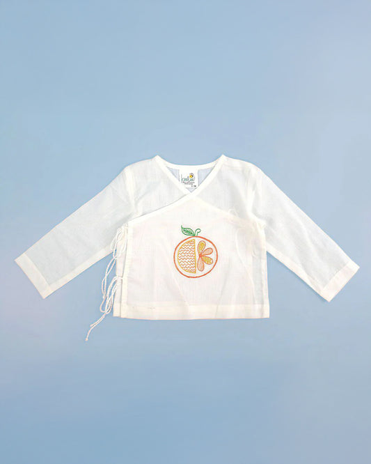 Keebee White Kimono Jhabla-Orange Embroidered-Organic Cotton-For Infants