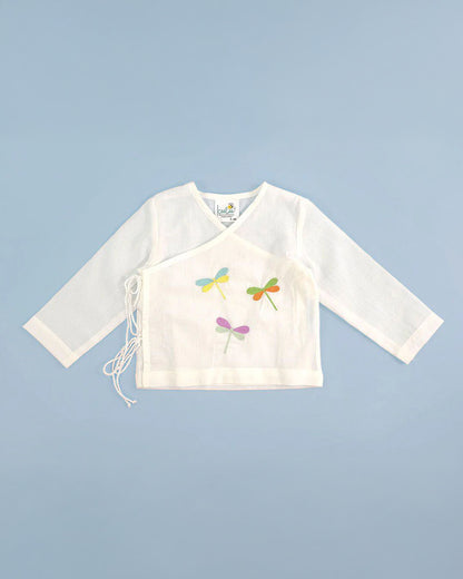 Keebee White Kimono Jhabla-Dragon Fly Embroidered-Organic Cotton-For Infants