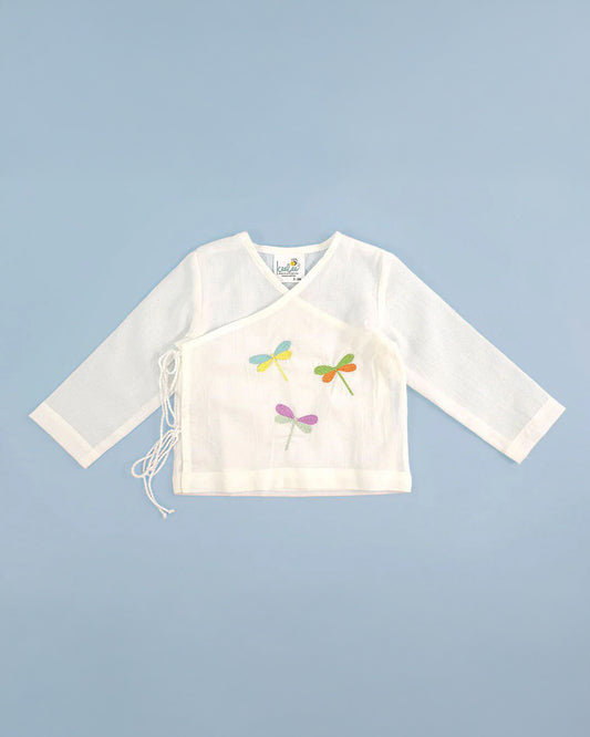 Keebee White Kimono Jhabla-Dragon Fly Embroidered-Organic Cotton-For Infants