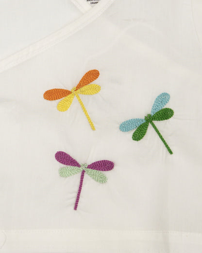 Keebee White Kimono Jhabla-Dragon Fly Embroidered-Organic Cotton-For Infants