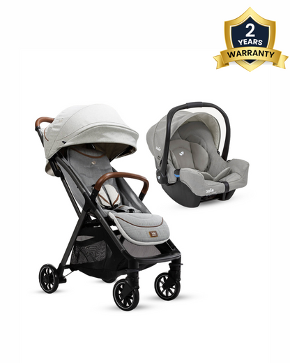 Joie Parcel Lightweight Baby Stroller & Gemm Car Seat Travel System-Stroller Features (One Hand Fold, Flat Reclining Seat, Upto 22 Kg)-Car Seat Features (Airline Certified, Side Impact Protection, Upto 13 Kg)-Oyster & Pebble