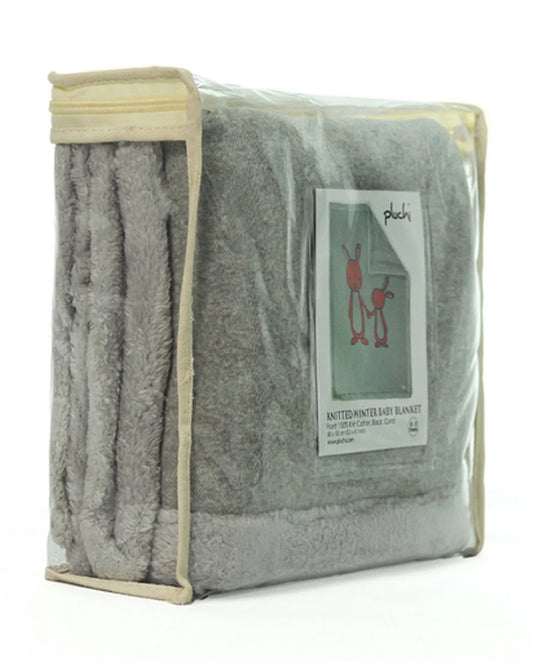 Pluchi Mumma & Baby Bunny Knitted Baby Blanket-Combed Cotton Blanket with Faux Fur Back-Vanilla Grey Melange-For Infants