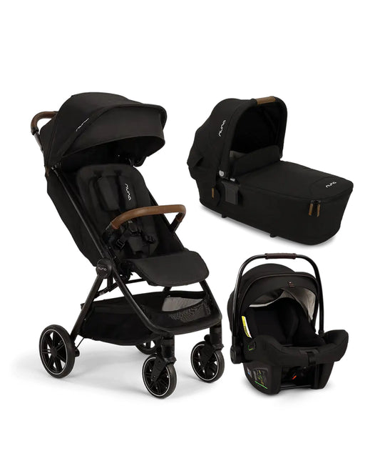 Nuna TRVL LX Baby Stroller, Pipa Next Car Seat & LYTL Carry Cot Travel System-Stroller: (One Hand Fold, Big Rear Wheels, Upto 22 Kg)-Car Seat: (TUV Aircraft Certified, Upto 13 Kg)-Carry Cot: (Compact Fold with Dream Drape, Upto 9 Kg)-Caviar & Riveted