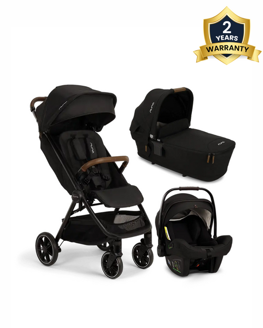 Nuna TRVL LX Baby Stroller, Pipa Next Car Seat & LYTL Carry Cot Travel System-Stroller: (One Hand Fold, Big Rear Wheels, Upto 22 Kg)-Car Seat: (TUV Aircraft Certified, Upto 13 Kg)-Carry Cot: (Compact Fold with Dream Drape, Upto 9 Kg)-Caviar & Riveted