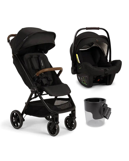 Nuna TRVL LX Cabin Friendly Baby Stroller and Pipa Next Travel System-With Cup Holder-Stroller Features (One Hand Fold, Upto 22 Kg)-Car Seat Features (TUV Aircraft Certified,7 Positions Adjustable Headrest, Upto 13 Kg)-Caviar & Riveted