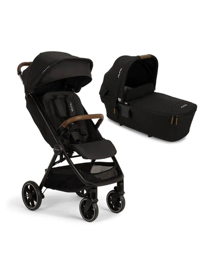 Nuna TRVL LX Cabin Friendly Baby Stroller and LYTL Carry Cot Travel System-With Cup Holder-Stroller Features (One Hand Fold, Upto 22 Kg)-Carry Cot Features (Soft Mattress, Compact Fold with Dream Drape, Upto 9 Kg)-Includes Adaptors-Caviar