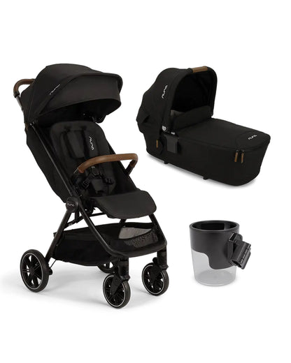 Nuna TRVL LX Lightweight Baby Stroller & LYTL Carry Cot Travel System-With Cup Holder-Stroller Features (One Hand Fold, Upto 22 Kg)-Carry Cot Features (Soft Mattress, Compact Fold with Dream Drape, Upto 9 Kg)-Includes Adaptors-Caviar