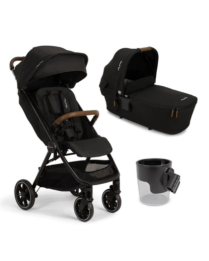 Nuna TRVL LX Cabin Friendly Baby Stroller and LYTL Carry Cot Travel System-With Cup Holder-Stroller Features (One Hand Fold, Upto 22 Kg)-Carry Cot Features (Soft Mattress, Compact Fold with Dream Drape, Upto 9 Kg)-Includes Adaptors-Caviar