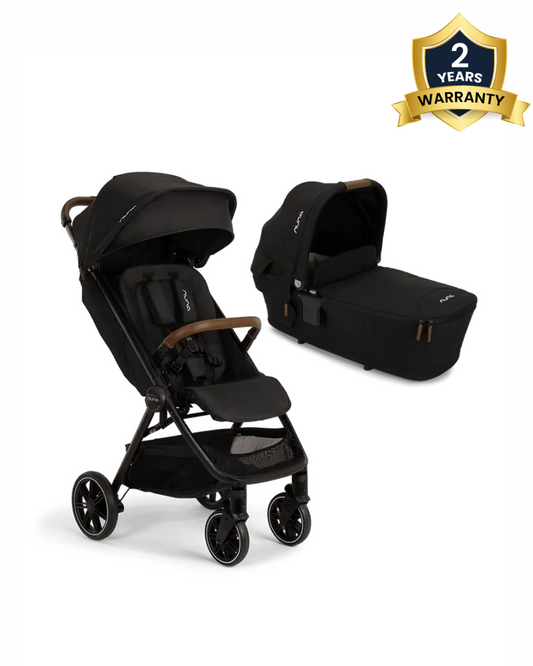 Nuna TRVL LX Lightweight Baby Stroller & LYTL Carry Cot Travel System-With Cup Holder-Stroller Features (One Hand Fold, Upto 22 Kg)-Carry Cot Features (Soft Mattress, Compact Fold with Dream Drape, Upto 9 Kg)-Includes Adaptors-Caviar