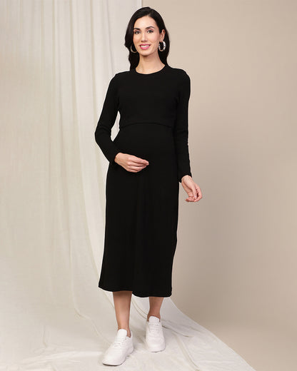 Wobbly Walk Black Maternity Nursing Dress-Round Neck-Solid Color-Cotton-Bump Friendly