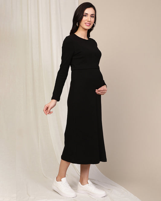 Wobbly Walk Black Maternity Nursing Dress-Round Neck-Solid Color-Cotton-Bump Friendly