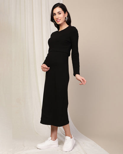 Wobbly Walk Black Maternity Nursing Dress-Round Neck-Solid Color-Cotton-Bump Friendly