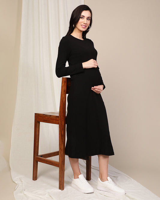 Wobbly Walk Black Maternity Nursing Dress-Round Neck-Solid Color-Cotton-Bump Friendly