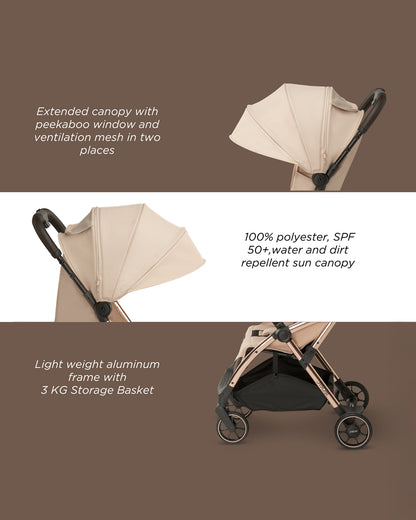 Leclerc Influencer Lightweight Baby Stroller-Air Cabin Friendly-One Touch Fold-With Free Gift Hamper-2 Years Warranty-For 6M to 5Y (Upto 22Kg)-Sand Chocolate