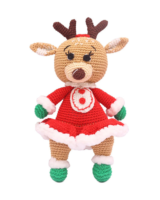 Happy Threads Handcrafted Amigurumi Christmas Soft Toy-Cute Girl Reindeer-Easily Washable-Handcrafted-Plush Cuddly Toy For Newborn