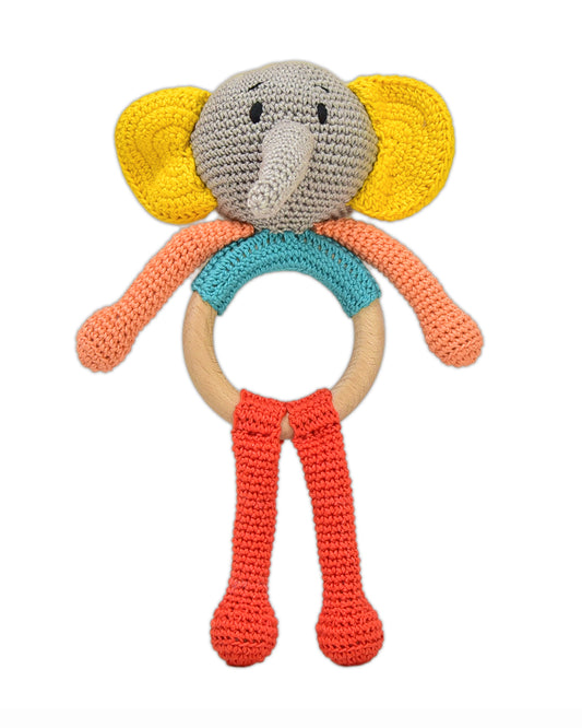 Happy Threads Jolly Jumbos Elephant Crochet Rattle Toy-Teething Relief & Easy to Grasp-For Infants