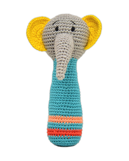 Happy Threads Jolly Jumbos Elephant Stick Crochet Rattle Toy-Teething Relief & Easy to Grasp-For Infants