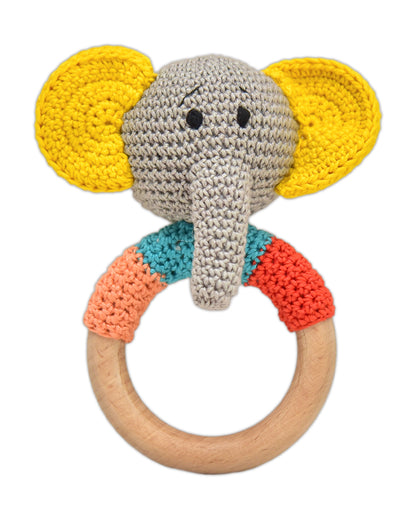 Happy Threads Jolly Jumbos Elephant Head Crochet Rattle Toy-Teething Relief & Easy to Grasp-For Infants