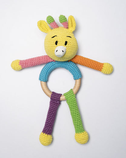 Happy Threads Rainbow Pals Giraffe Crochet Rattle Toy-Teething Relief & Easy to Grasp-For Infants