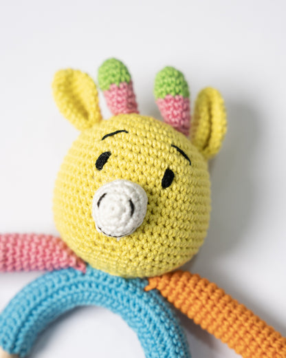 Happy Threads Rainbow Pals Giraffe Crochet Rattle Toy-Teething Relief & Easy to Grasp-For Infants