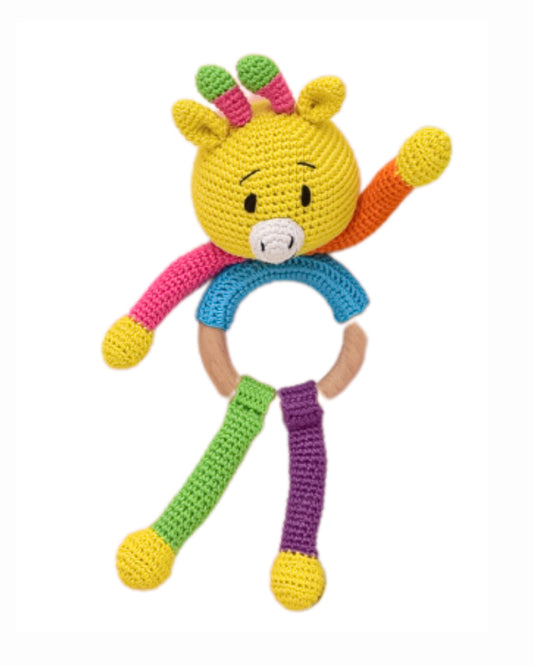 Happy Threads Rainbow Pals Giraffe Crochet Rattle Toy-Teething Relief & Easy to Grasp-For Infants