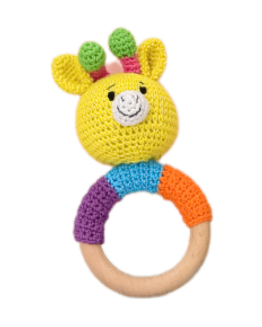 Happy Threads Rainbow Pals Giraffe Head Crochet Rattle Toy-Teething Relief & Easy to Grasp-For Infants