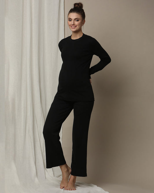 Wobbly Walk Black Maternity Rib-Knit Coord Set-Turtle Neck-Solid Color-Cotton-Bump Friendly