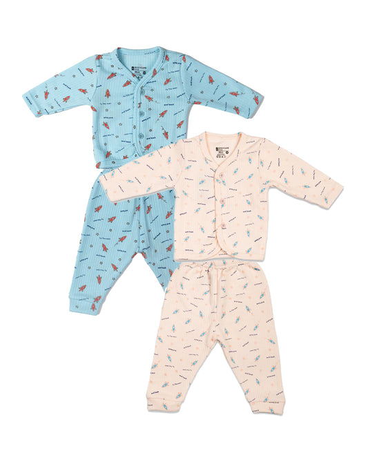 Bodycare Blue & Peach Thermal Set-Printed-Cotton-Pack Of 2-For Infants