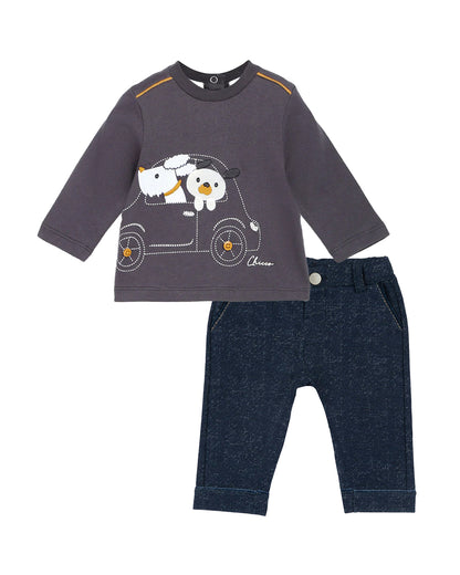 Chicco Dark Grey & Blue T-shirt & Jeans Set-Printed-Cotton Blend-For Infants