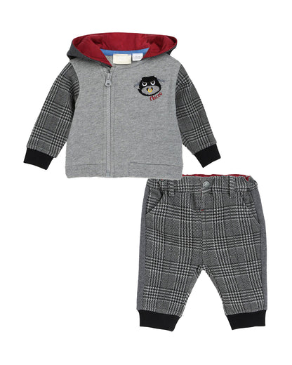 Chicco Medium Grey Jacket & Trouser Set-Checkered-Cotton-For Infants