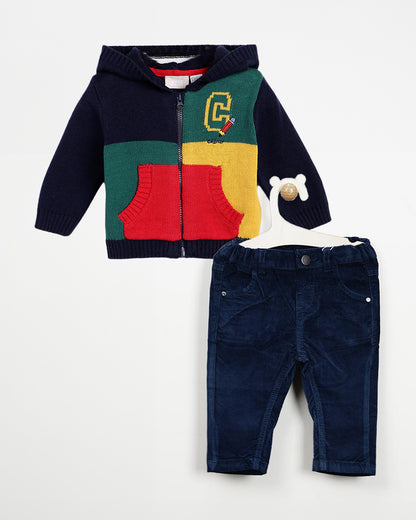 Chicco Dark Blue Jeans & Jacket Set-Solid-Cotton-For Infants