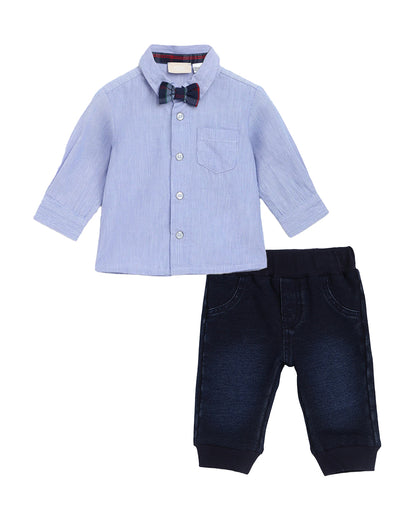 Chicco Blue Shirt & Jeans Set-Solid-Cotton-For Infants