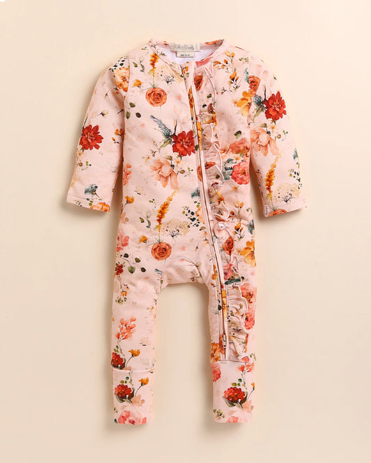 Cot & Candy Baby Peach Sleepsuit-Flora-Organic Cotton-For Infants