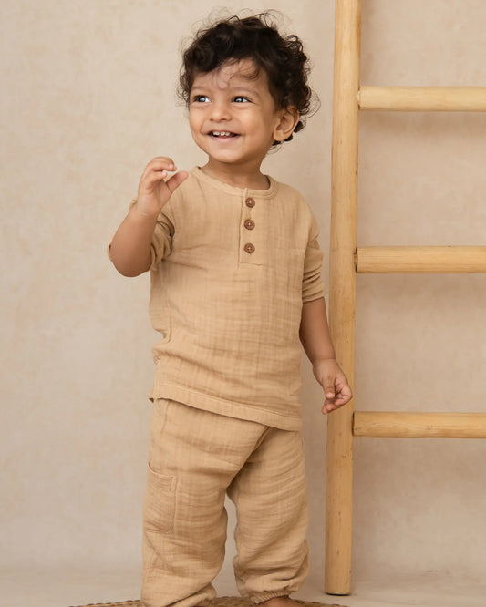 Cot & Candy Baby Tan Long Sleeves T-shirt-Latte-Organic Muslin-For Infants