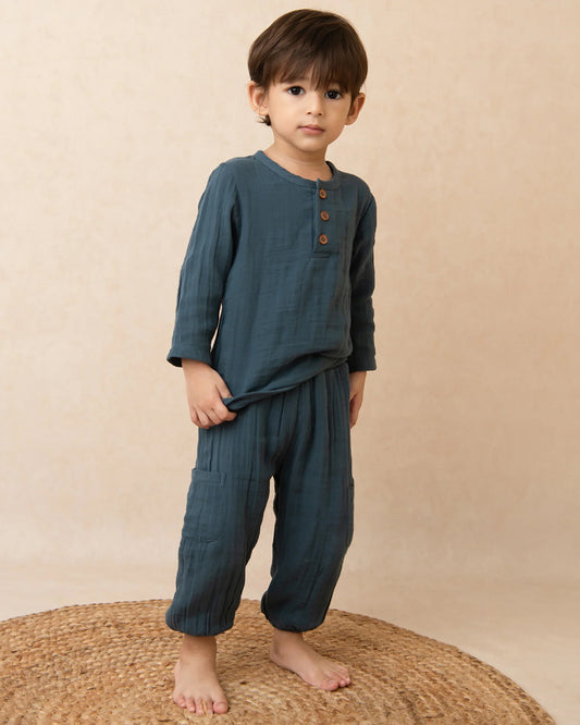 Cot & Candy Baby Navy Blue Long Sleeves T-Shirt-Navy-Organic Muslin-For Infants