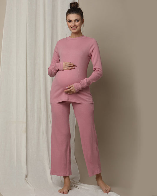 Wobbly Walk Pink Maternity Rib Knit Coord Set-Turtle Neck-Solid Color-Cotton-Bump Friendly