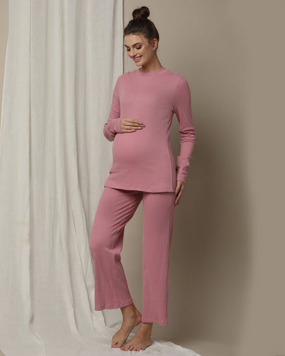 Wobbly Walk Pink Maternity Rib Knit Coord Set-Turtle Neck-Solid Color-Cotton-Bump Friendly